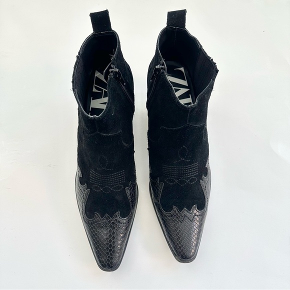 ZARA | SPLIT SUEDE WESTERN COWBOY ANKLES BOOTS SNAKE SKIN EMBOSSED SIDE ZIPPER - Picture 4 of 11